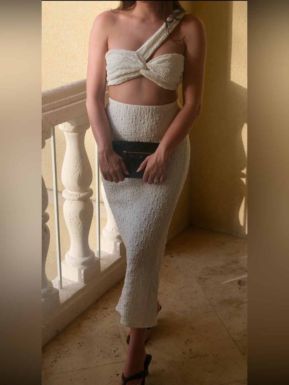 Ronny Kobo High-Waist Ivory Textured Maxi Skirt and Crop Top Set